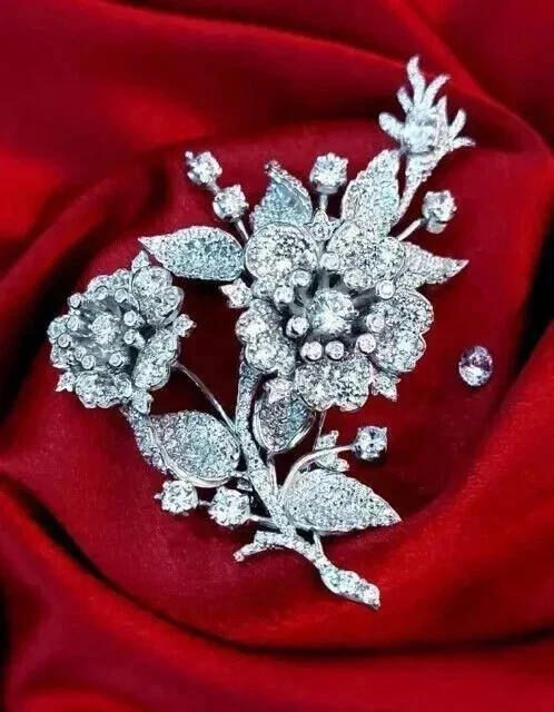 2.50Ct Round Lab Created Diamond Flower Brooch Pin Silver 14K White Gold Plated