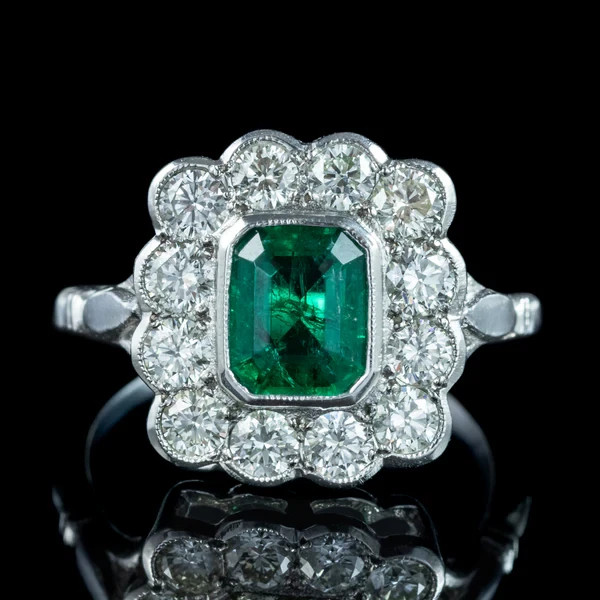 Art Deco 3.30Ct Natural Emerald Vintage Wedding Ring 14K White Gold Finish