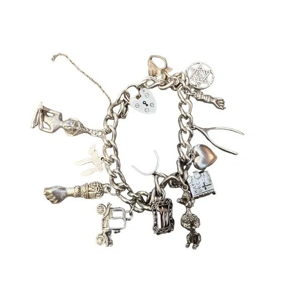 Vintage Charm Bracelet Loaded 14 Charms Sterling Silver
