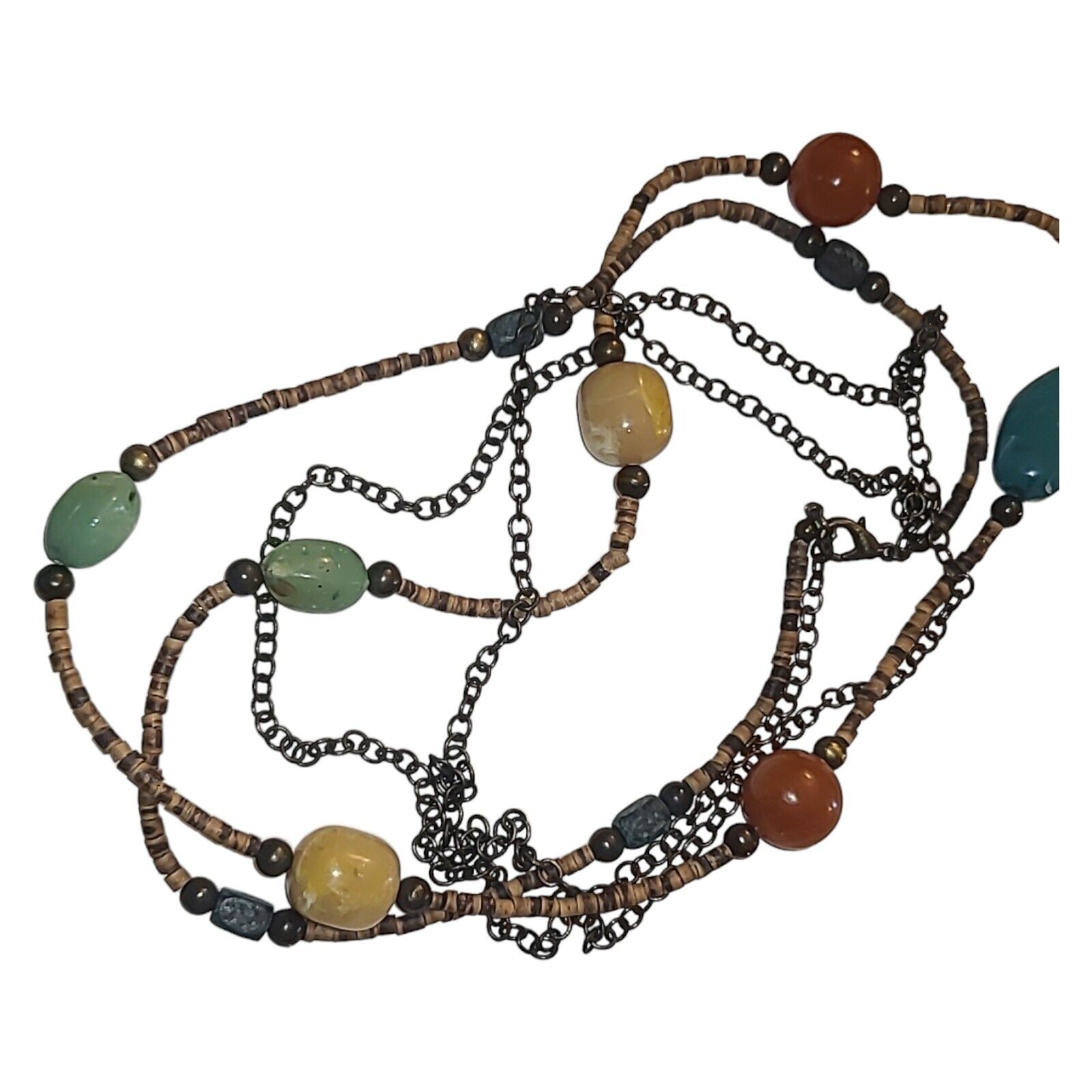 Vintage Boho Coconut Shell & Multi-color Acrylic Bead Station Necklace 32″