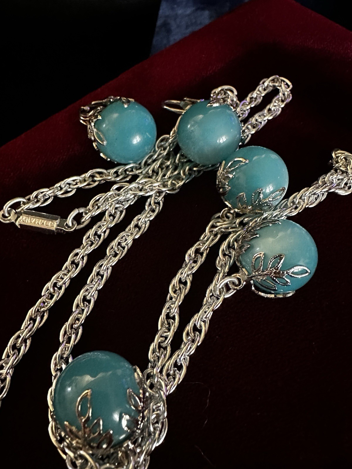 Vintage Germany Blue Moonglow Bead Necklace and Clip On Earring Set MCM 24”