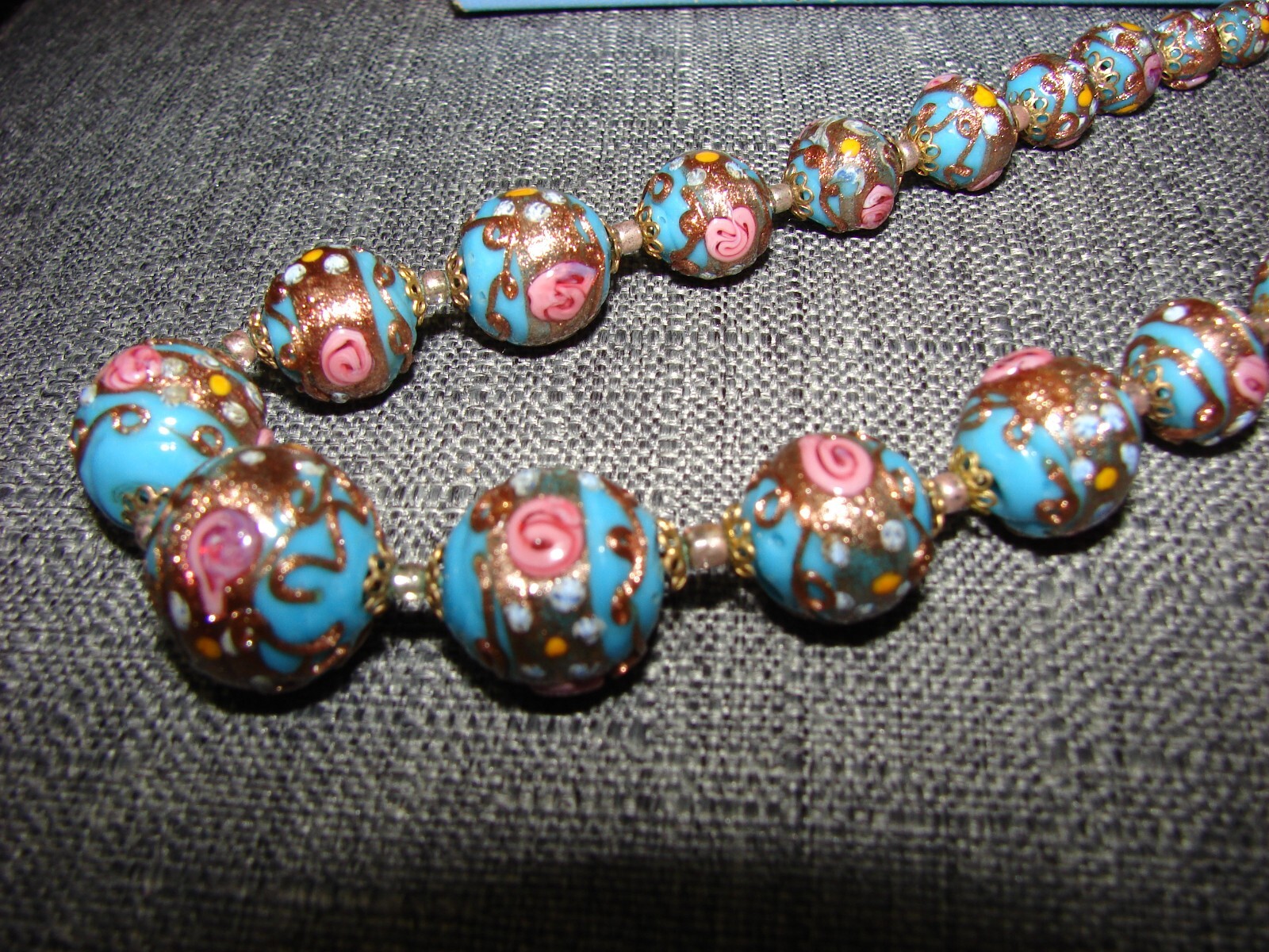 Vintage Venetian Murano Pink Blue Wedding Cake Beads Necklace and Clip Earrings
