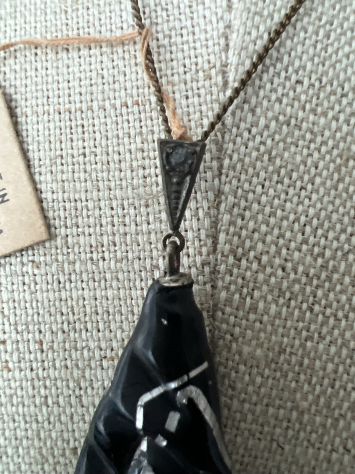 Vintage Black Foil Glass Made In Czecho Pendant Necklace – 1930s – ORIGINAL TAG