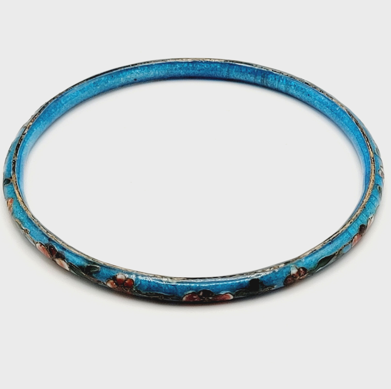 Cloisonné Light Blue Enamel Floral Hand Painted Asian Inspired Bangle Bracelet
