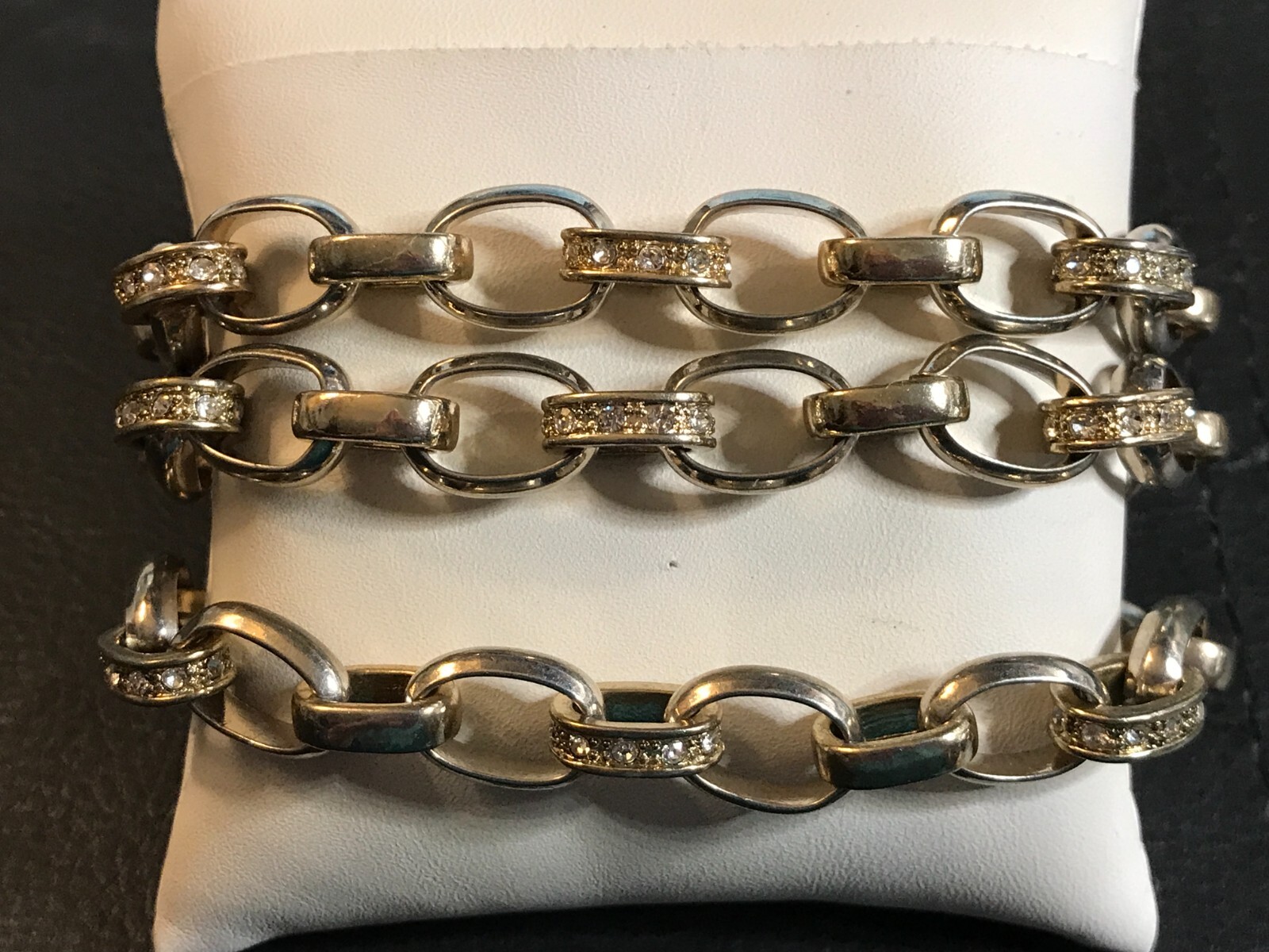 Vintage 2-Tone 3-Strand Bracelet w/ Rhinestone Links & Magnetic Clasp w/ Safety
