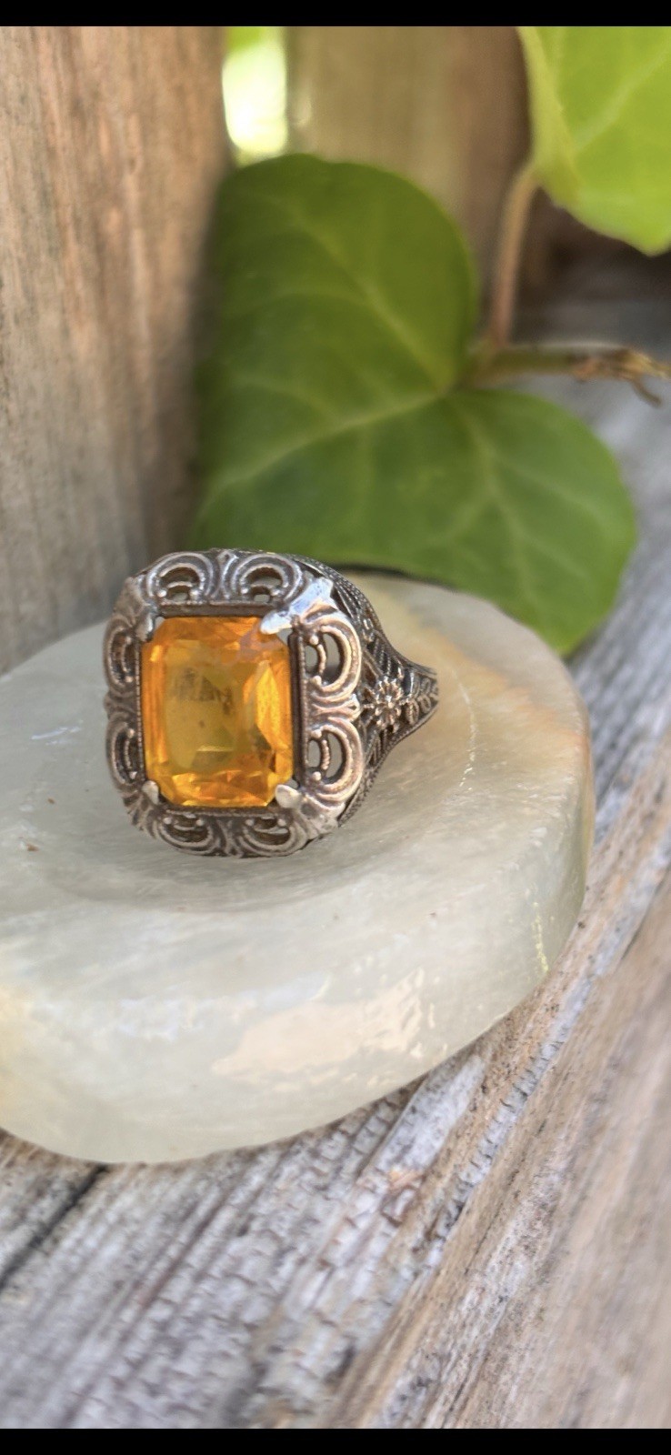 Citrine Checkerboard Sterling Silver Ring Antique Vintage Size 4.25 Nice !!!