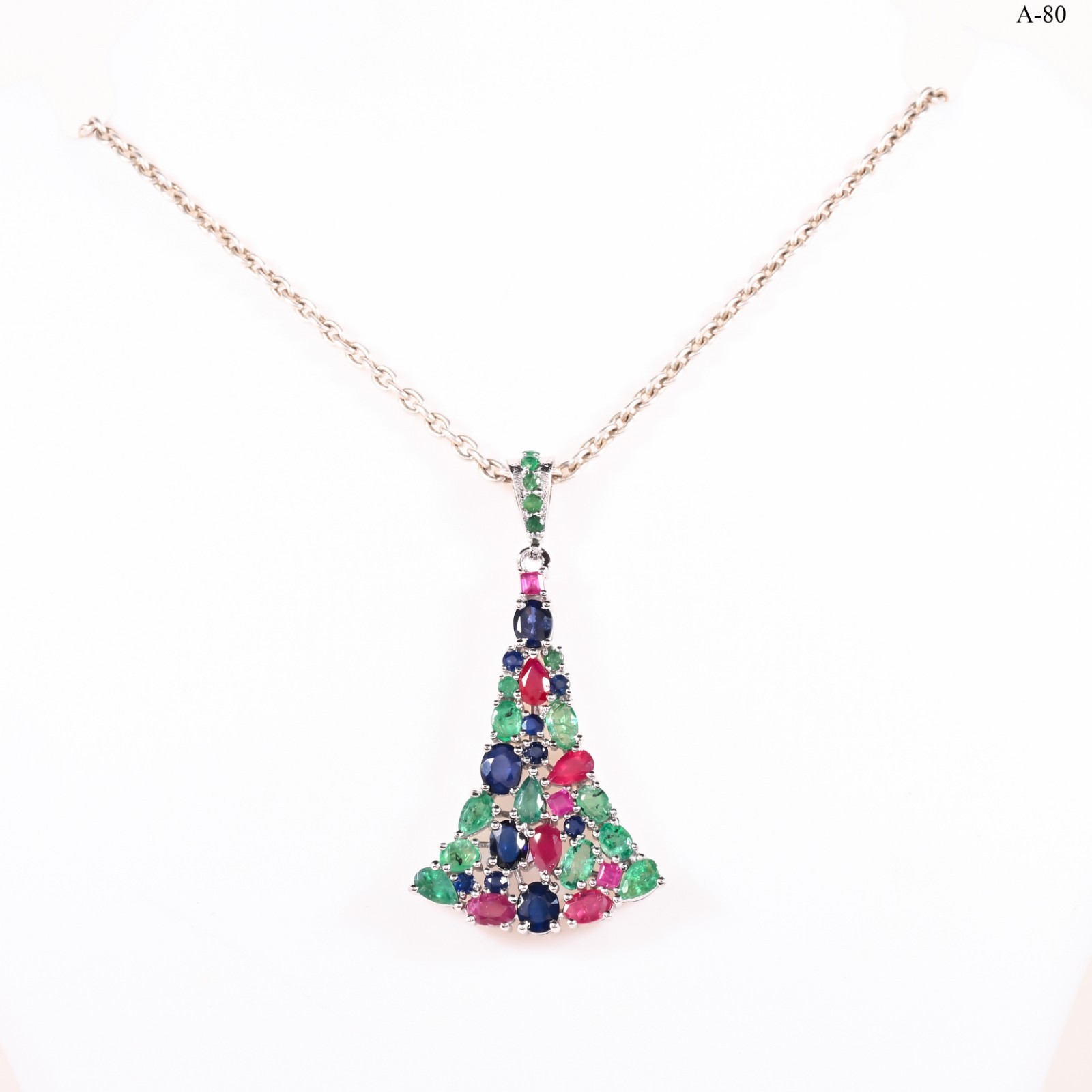 Natural Multi Stone Triangle Pendant Emerald Ruby Sapphire 925 Silver Jewelry