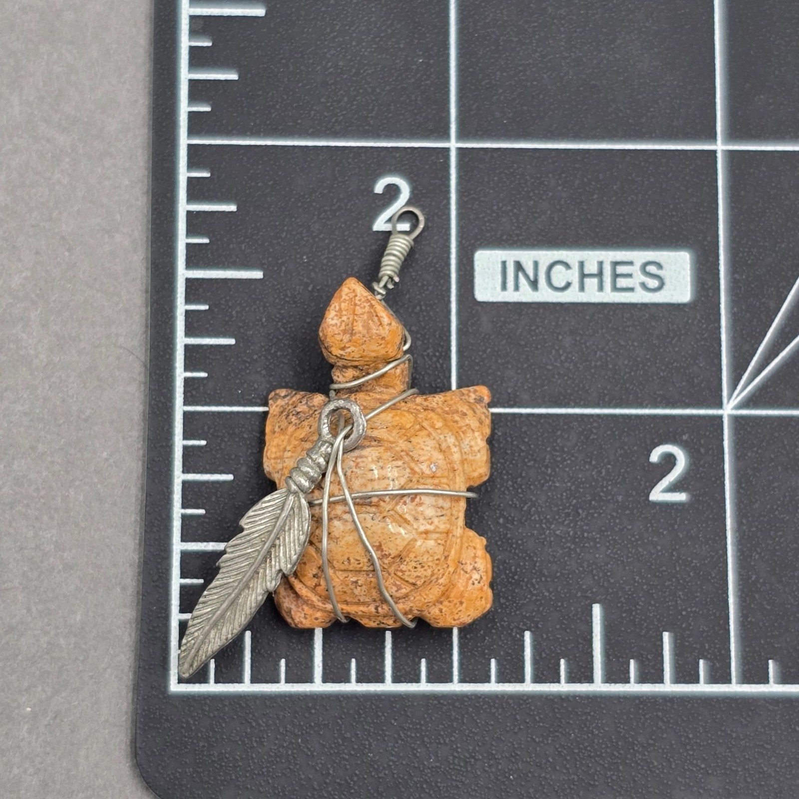 Vintage Hand Carved Jasper Turtle Pendant Wire Wrapped Southwestern Feather