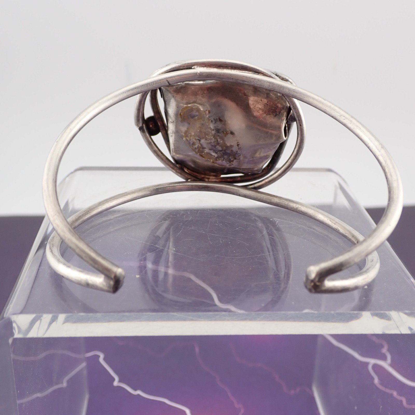 Vtg Sterling Silver Natural Amethyst Geode Crystal 7″ Cuff 41.9 gr Bracelet