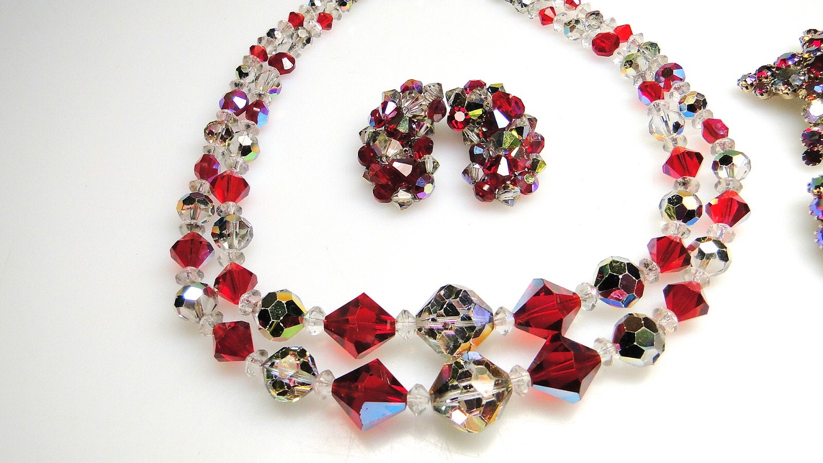 Vintage Red & Iridescent Crystal Necklace Earrings Pin Sets 4pc Lot