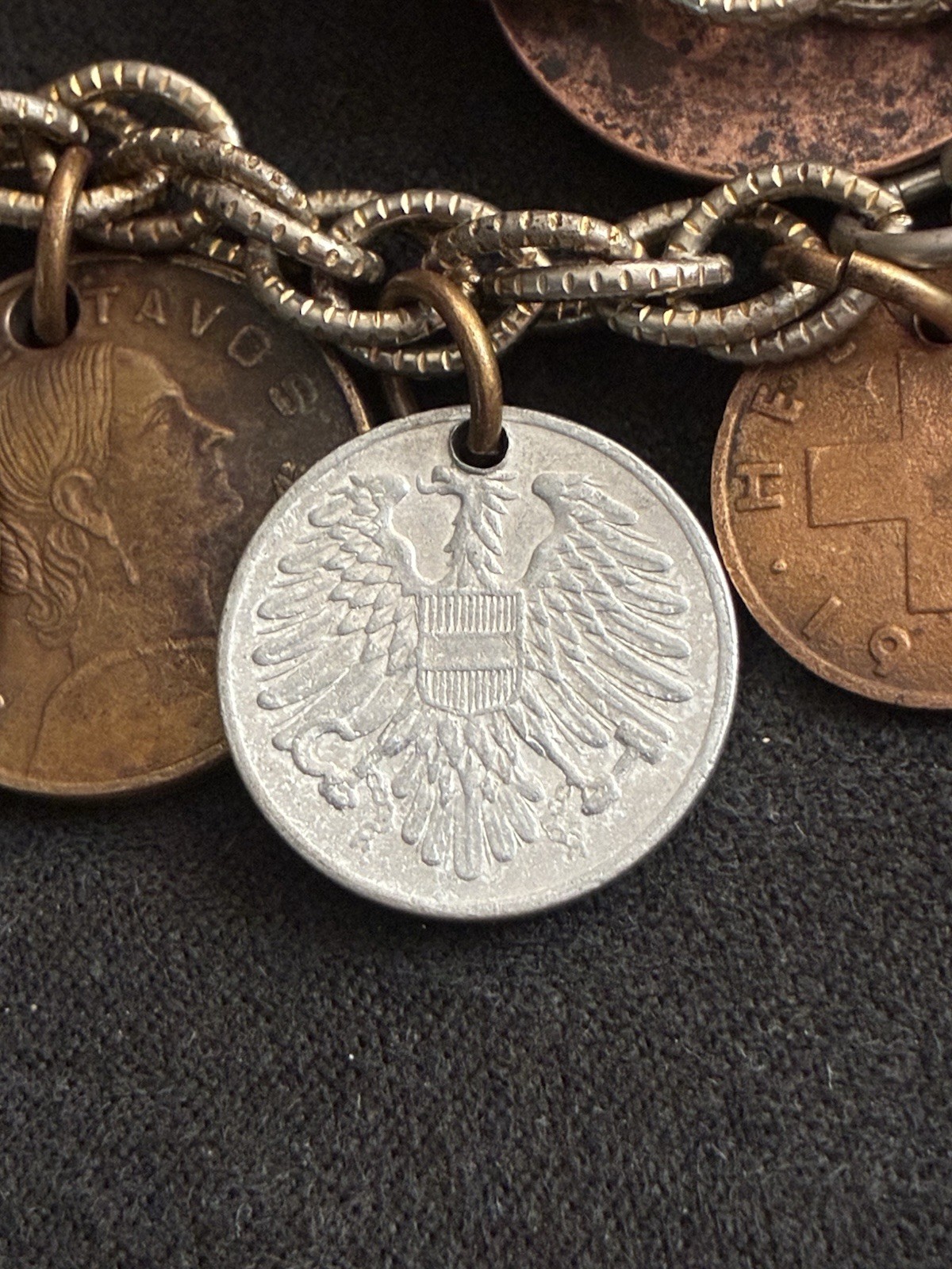 Vintage Coin Charm Bracelet, With Dangling Different Coins From The 1940’s