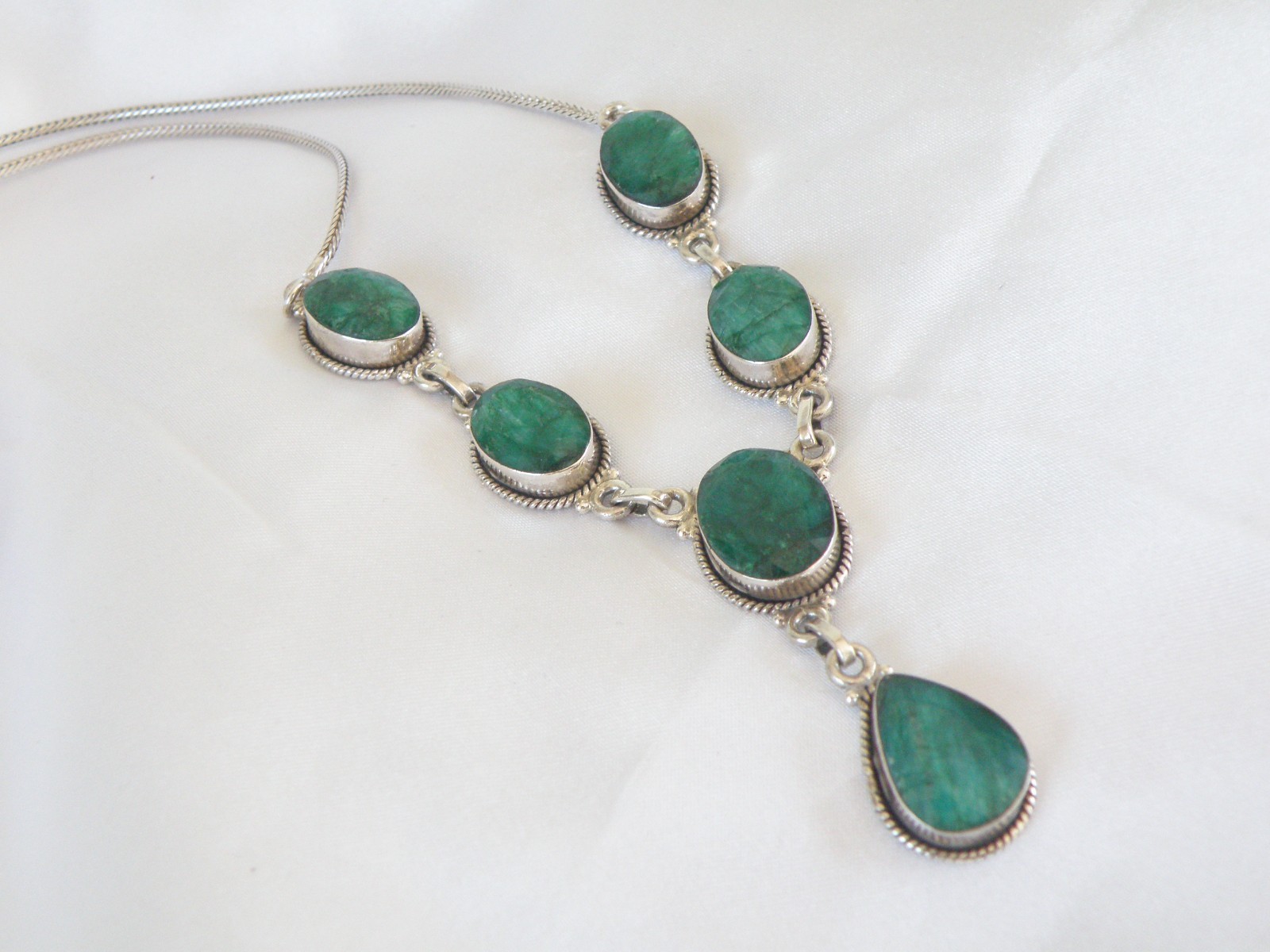 Vintage Sterling Silver 925 Large Natural Raw Emerald Statement Necklace 19″