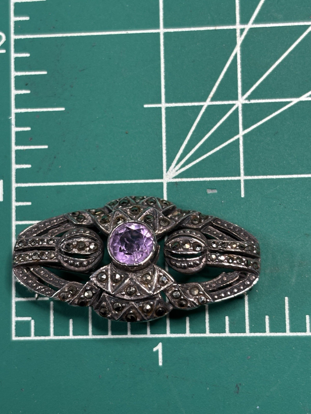Rare Vintage Amethyst, Marcasite & Sterling Silver 925 Brooch