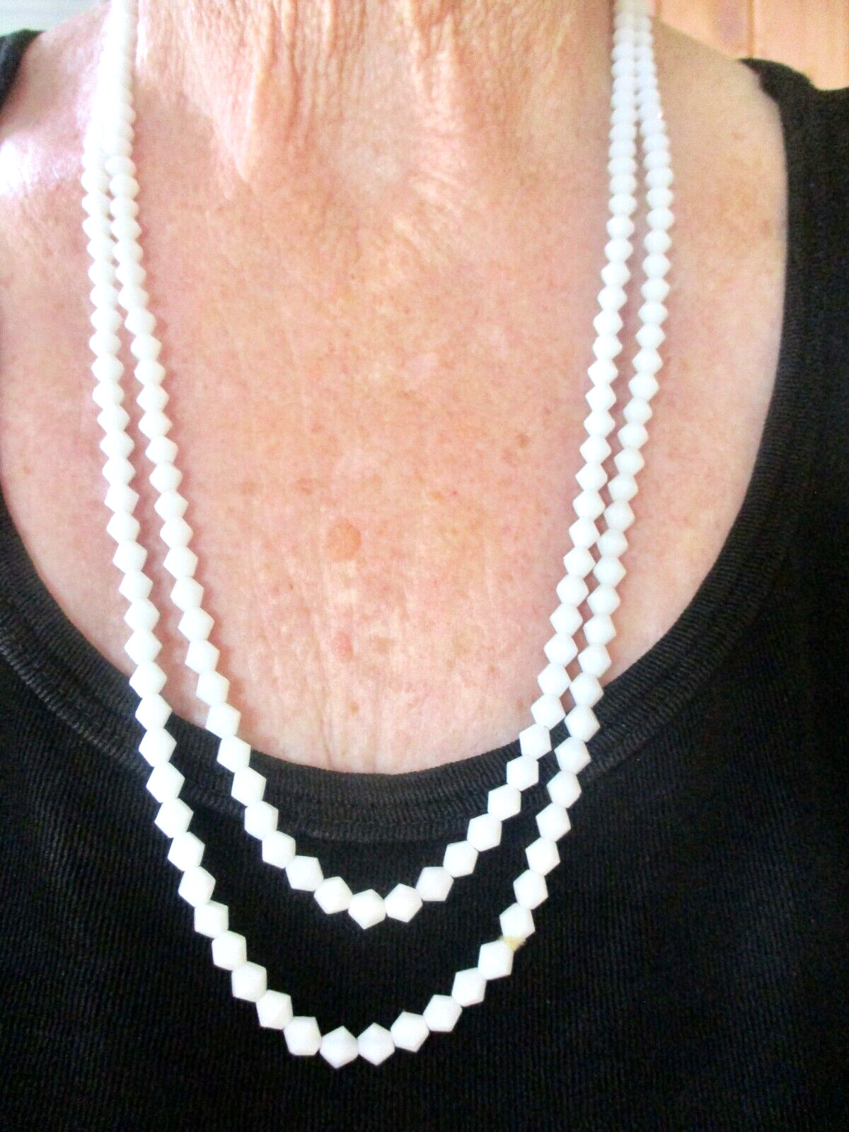 Vintage 1950’s White Bicone Glass Bead Necklace Wear Long or Double Wrap 48″