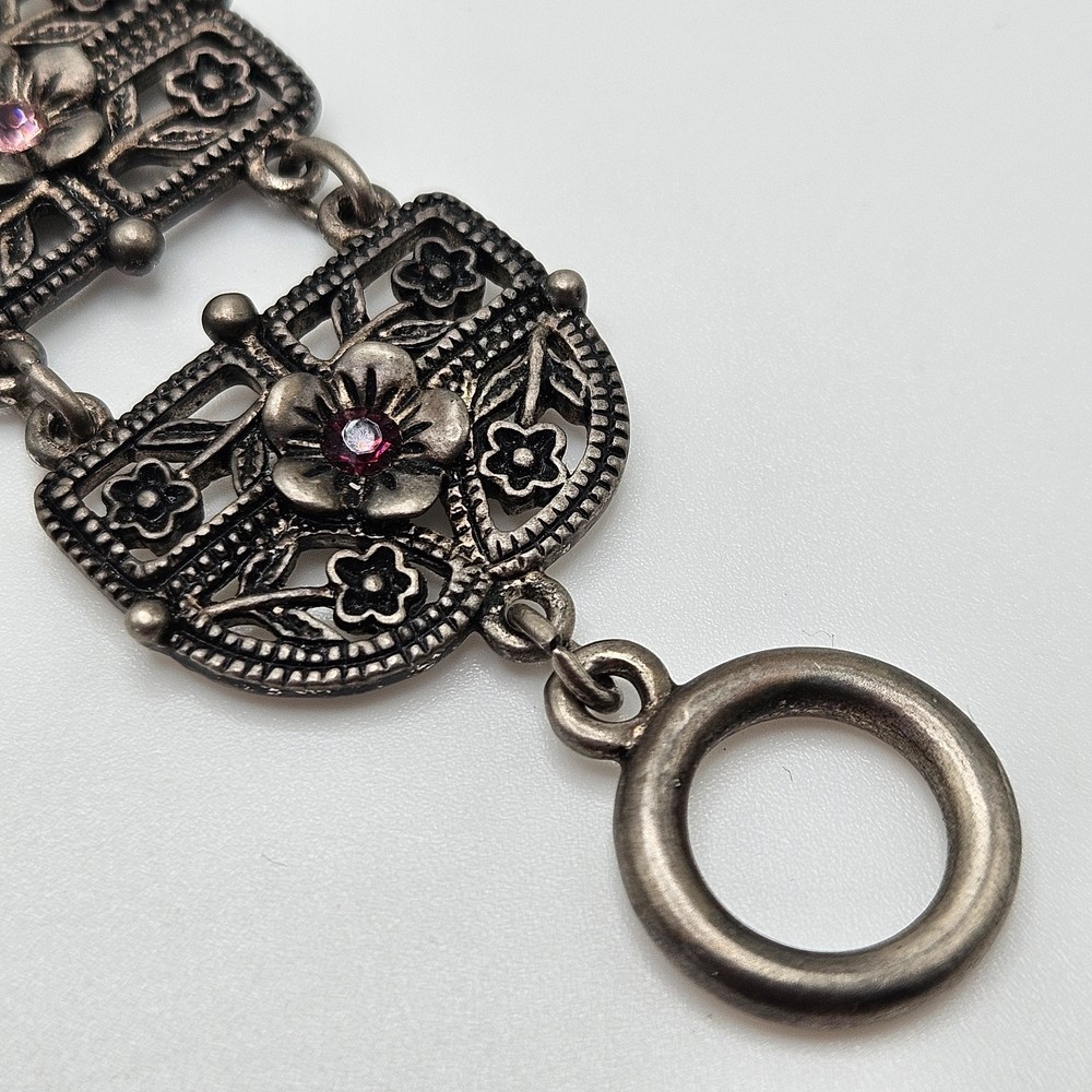 VINTAGE Art Deco Filigree Rhinestone Flower Articulated Panel Link Bracelet