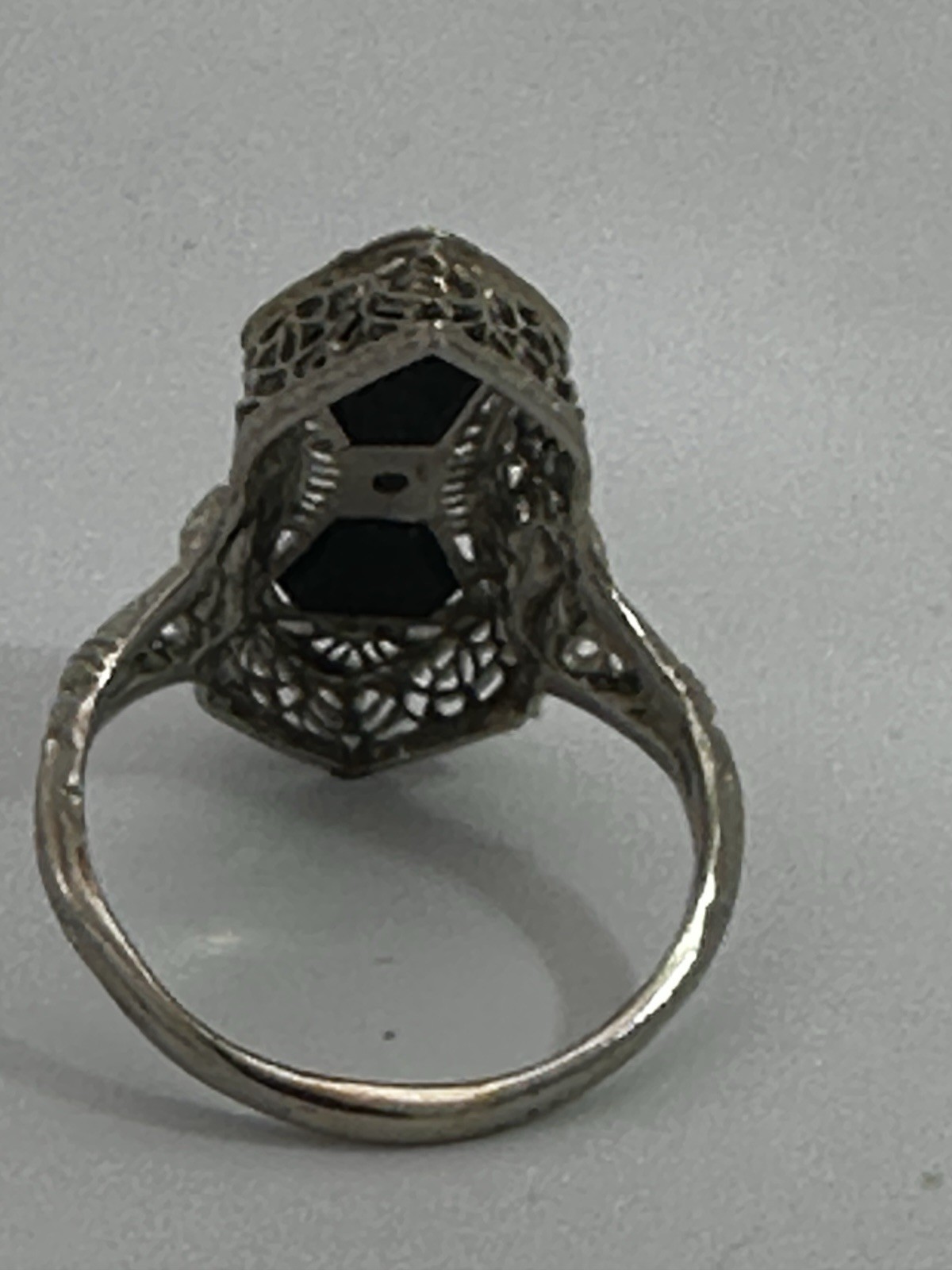 Vintage 14k White Gold Estate Onyx Diamond Ring Filigree Art Deco