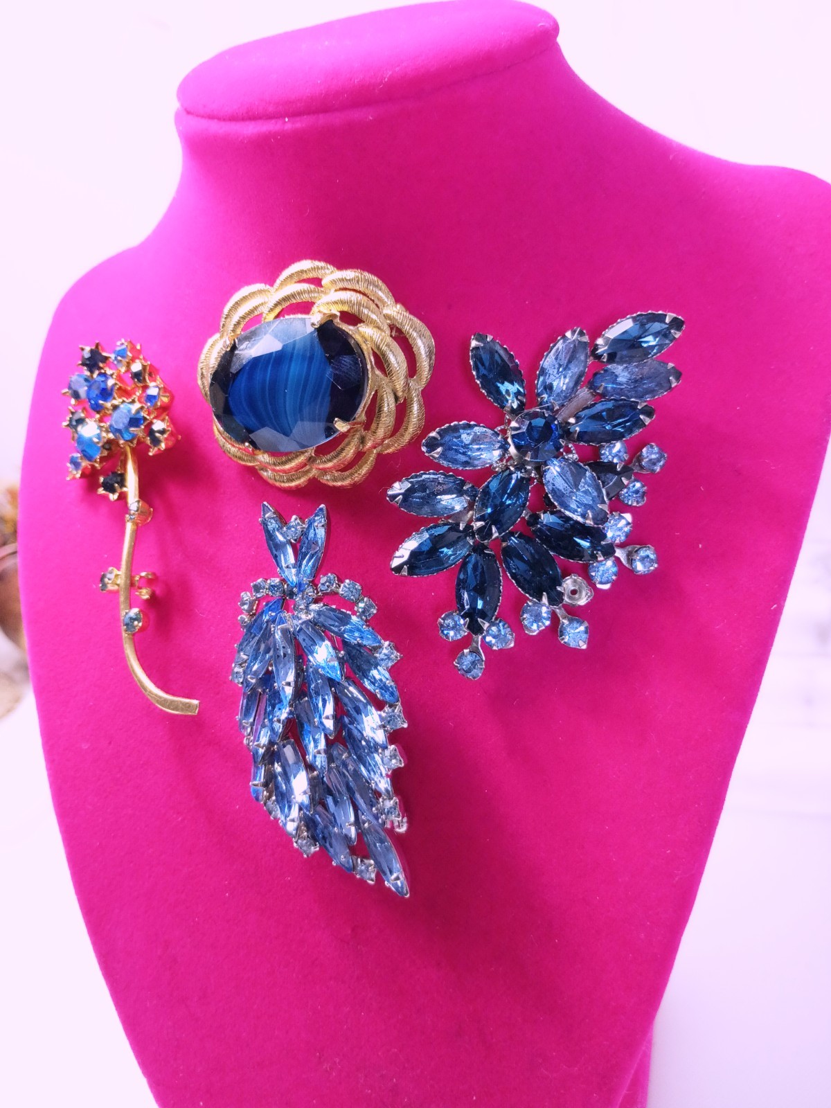 Rhinestone Costume Vintage Jewelry Lot, 4 Piece, Blue, Silver Tones, Gold Tones