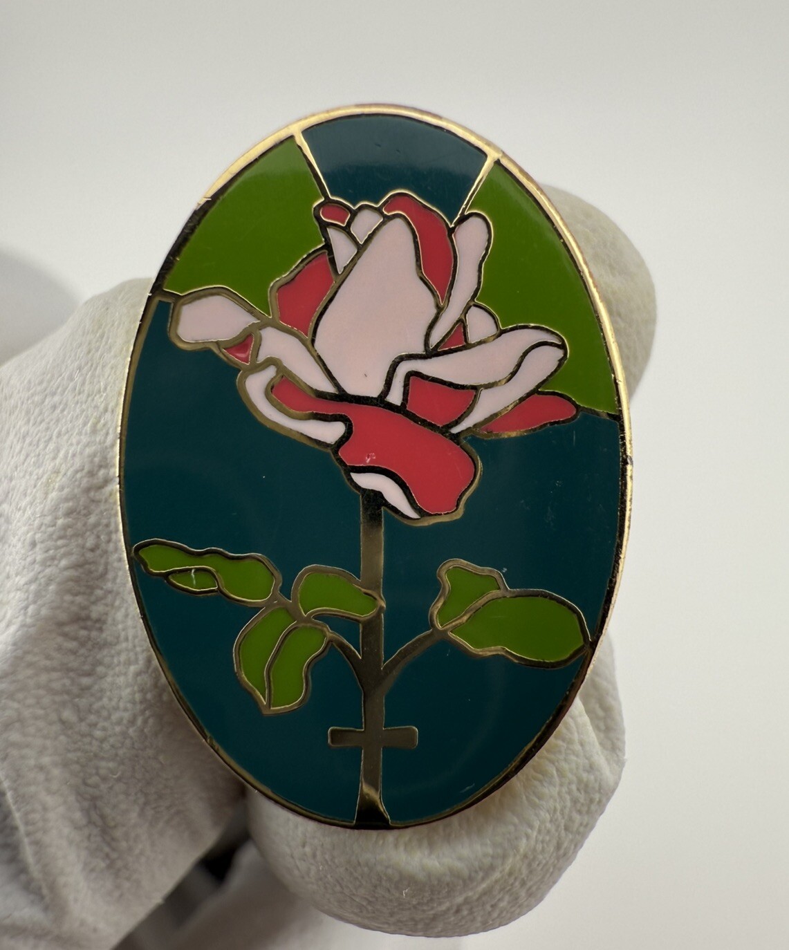 Vintage Green & Pink Rose W/ Cross Valley Casting Gold Tone Enamel Pin
