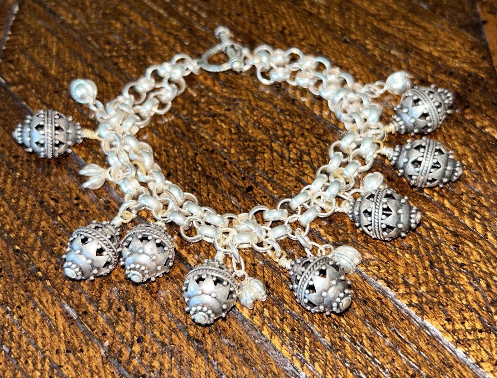 Sterling Silver Bali Filigree Fob Charm Rolo Link Double Chain Bracelet