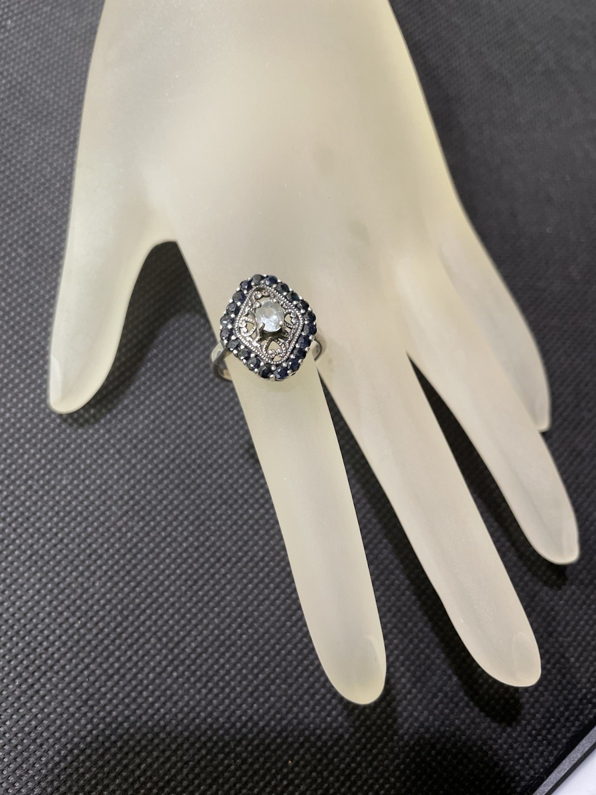 Vintage Sterling Aquamarine And Blue Sapphire Ring Diamond Shape Size 7
