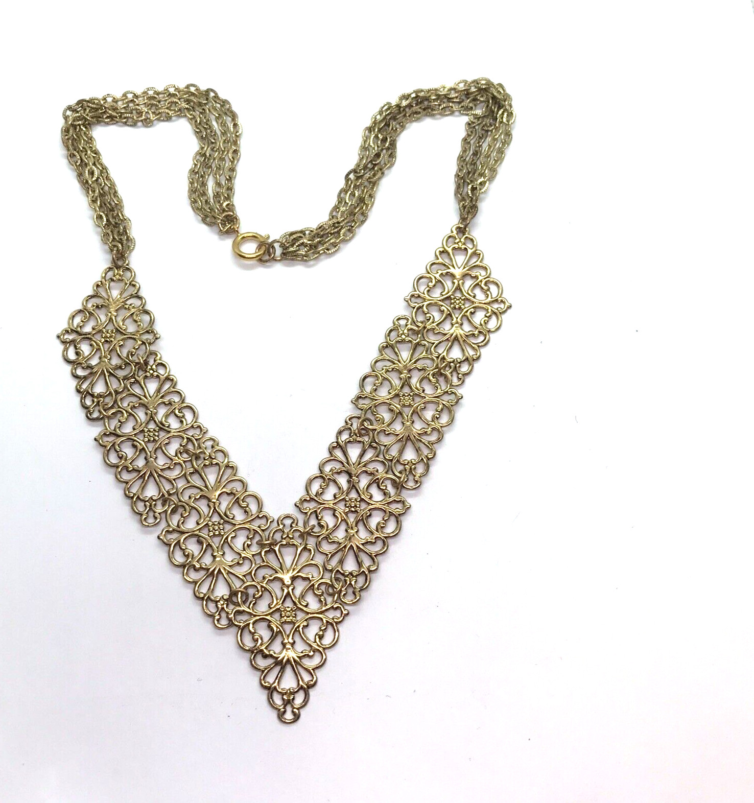 Vintage Necklace filigree Panels Gold Tone Chains Mod Retro Metal