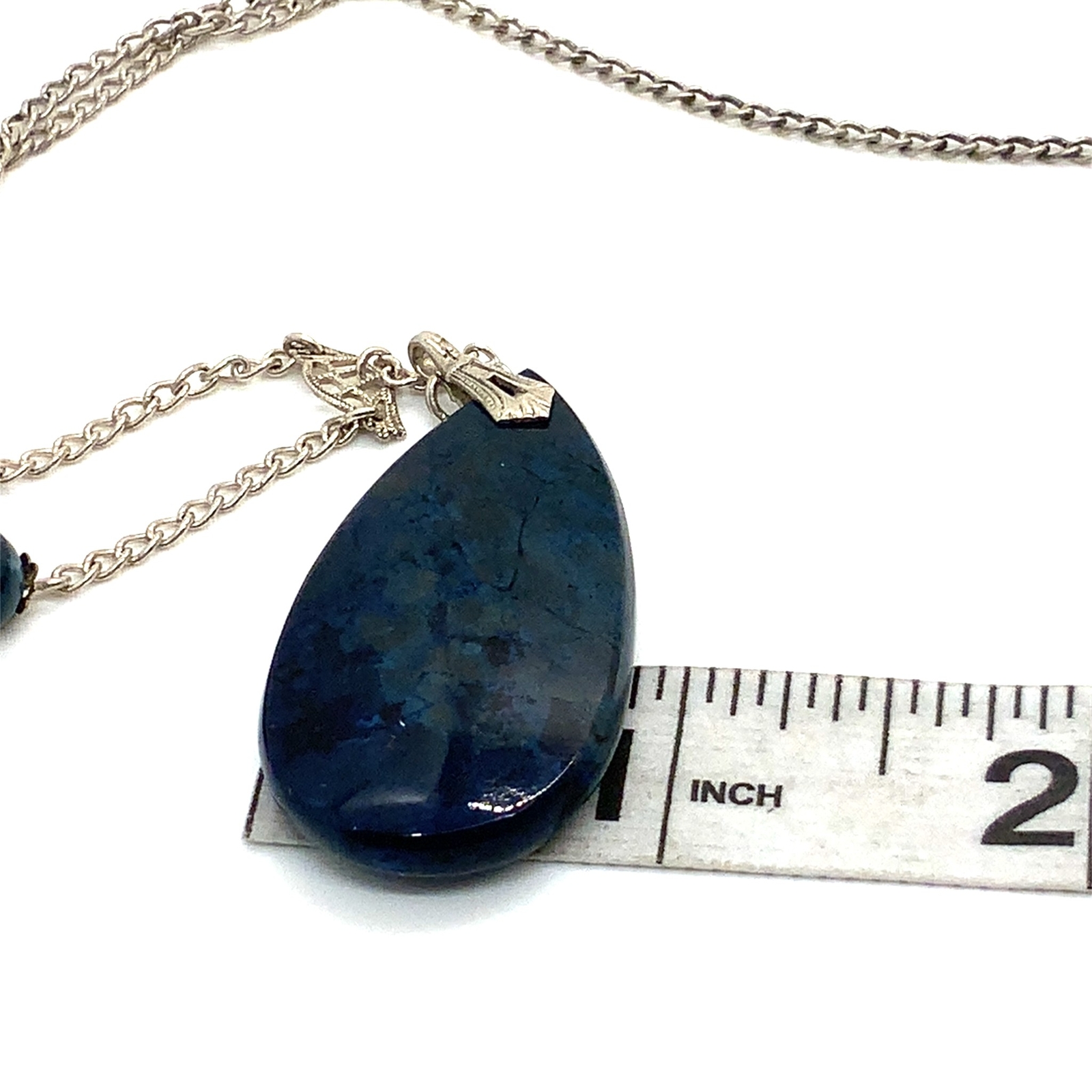 Vtg Signed Sterling Silver Lapis Lazuli Teardrop and Bead Lariat Necklace 18 3/4