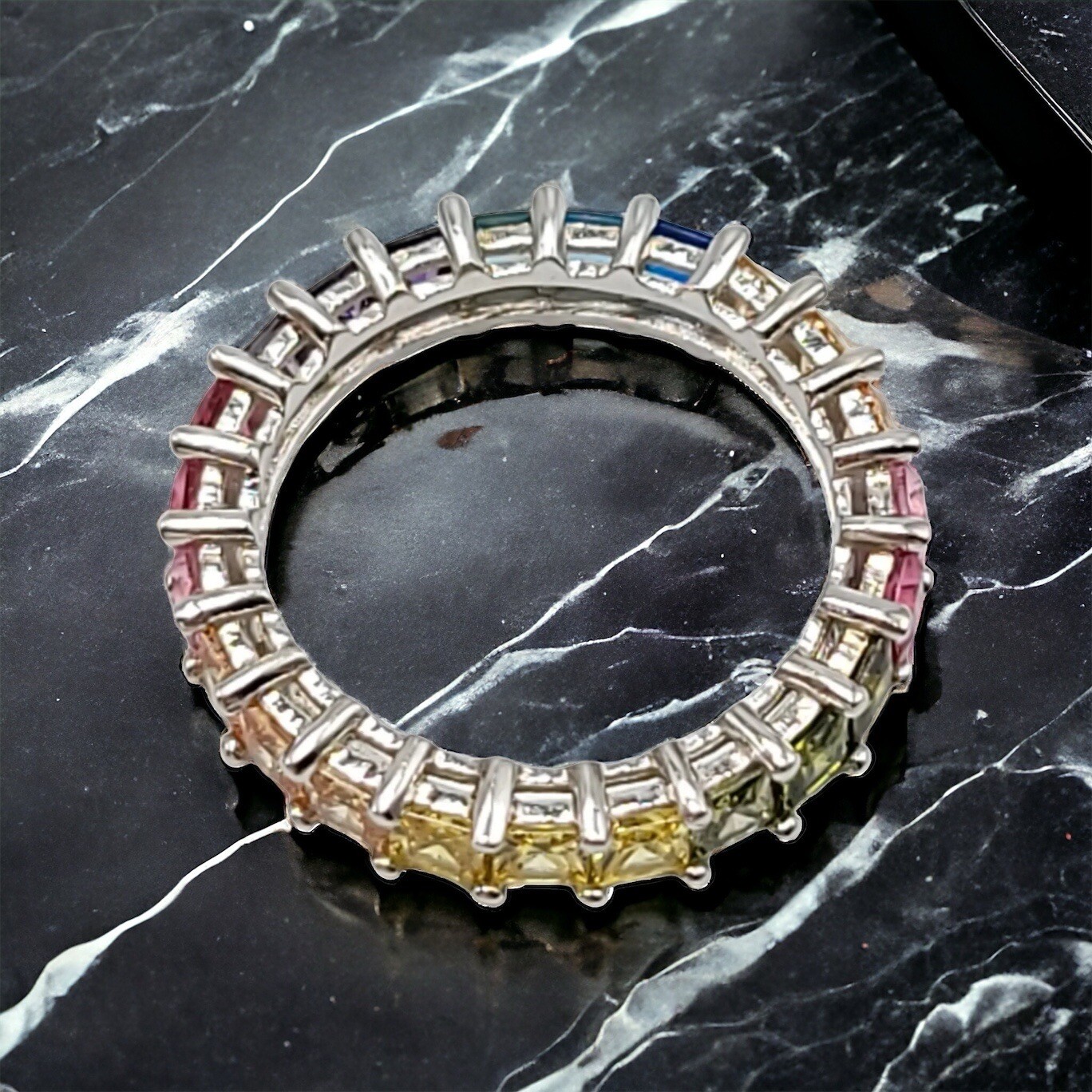 Vtg GM 925 Sterling Silver 20 Rainbow CZs Eternity Band Ring Size 6 Pride 3g New