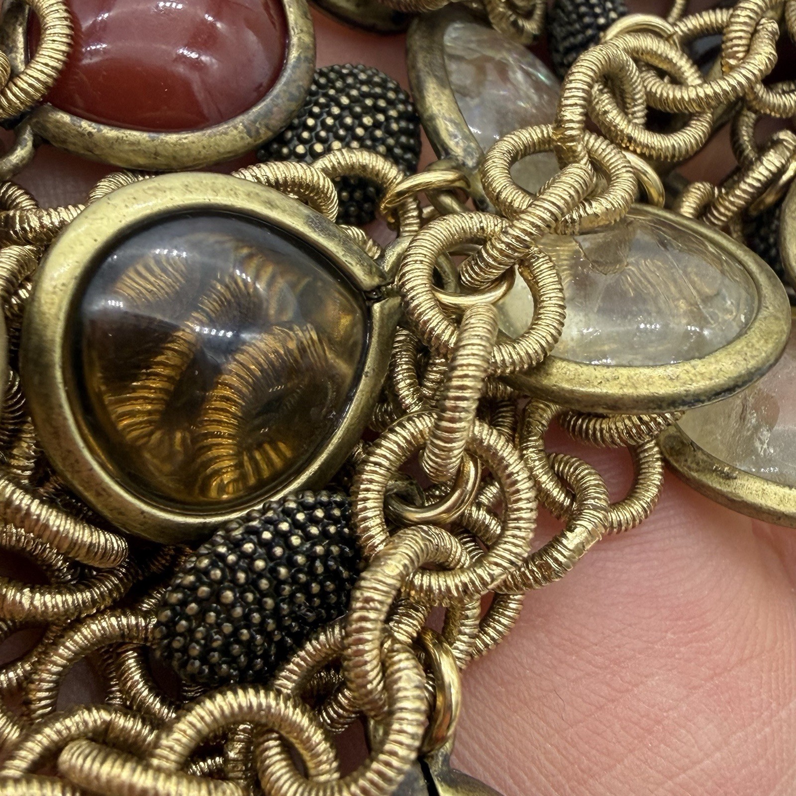 Vtg Monet Caged Glass Necklace Grpoix Style Cabochons Charm Dangle Long