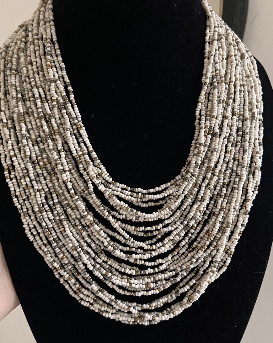 Vintage Multi Layered Ivory Gold Glass Seed Beaded Wood Hook Clasp Boho Necklace