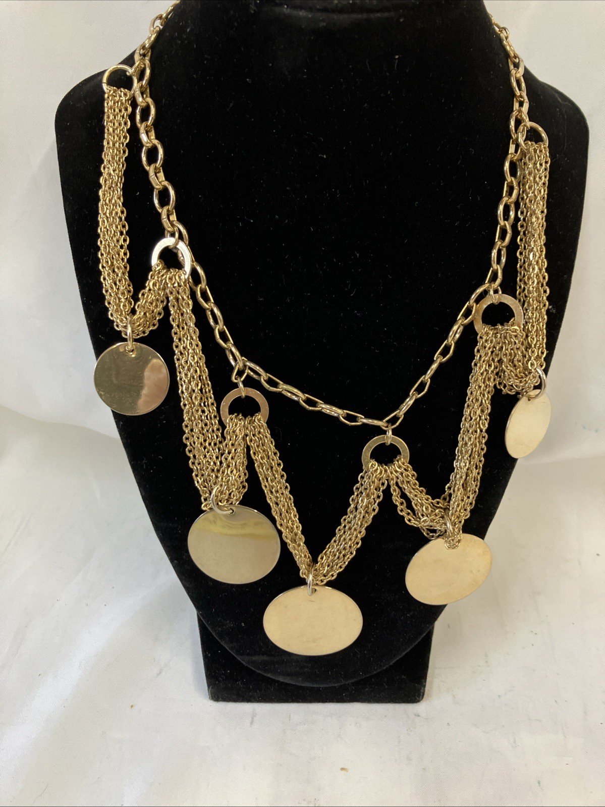 Vtg Gold Tone Chain And Disks Necklace 17” Hook Clasp Very Good Preowned