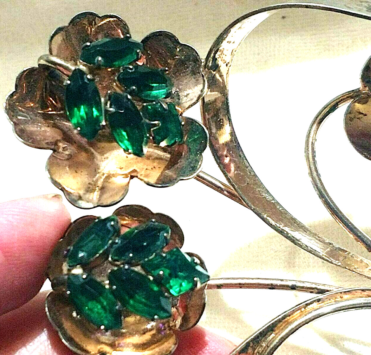 Green Stone Leaves Art Nouveau Brooch Sterling Silver VTG Estate 1930’s-1950’s