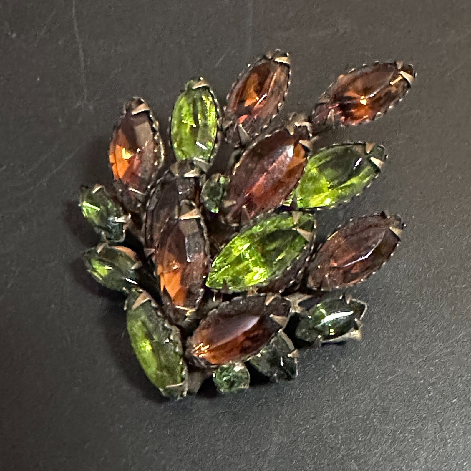 Vintage Rhinestone Brooch – Fall Colors Amber & Green Leaf 1940s