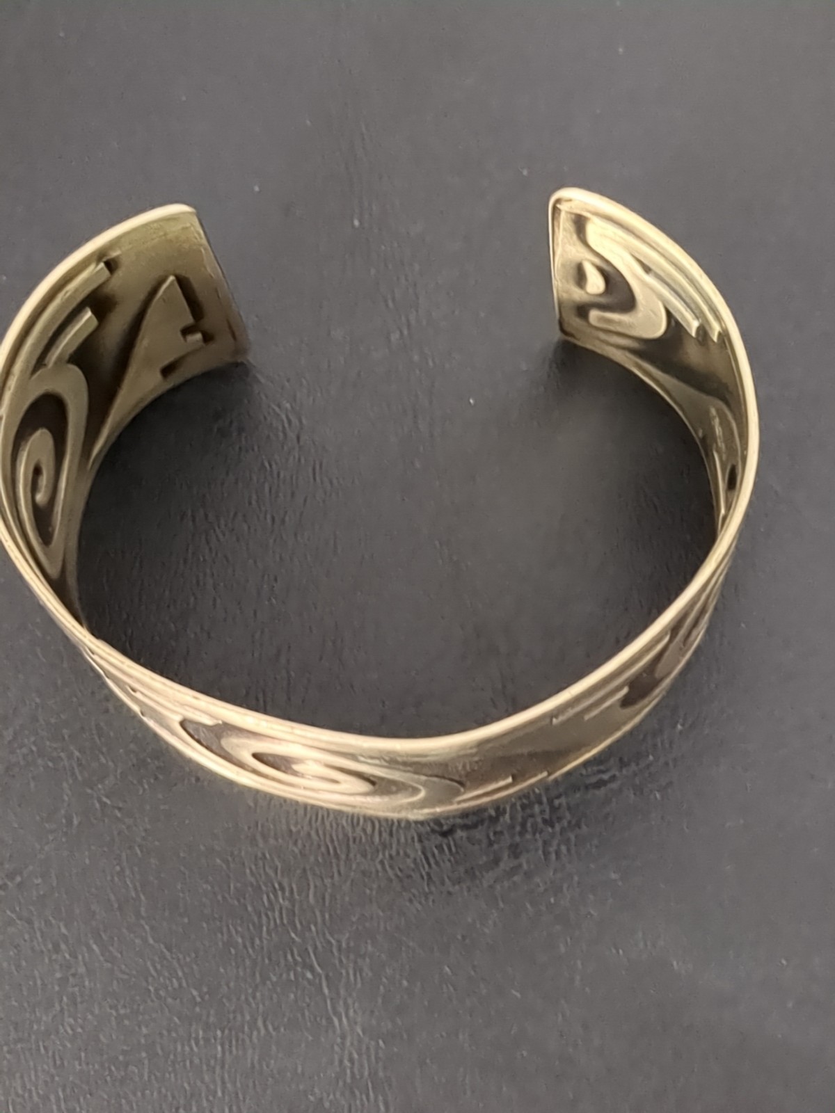Nickel Silver Bell Cuff Bracelet South Western 1930-1960 Black Inlay Design