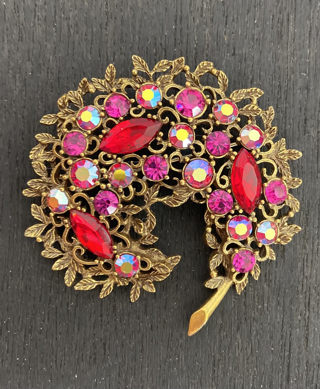 Vintage Emmons Brooch Fuchsia Aurora Red Rhinestones Pin