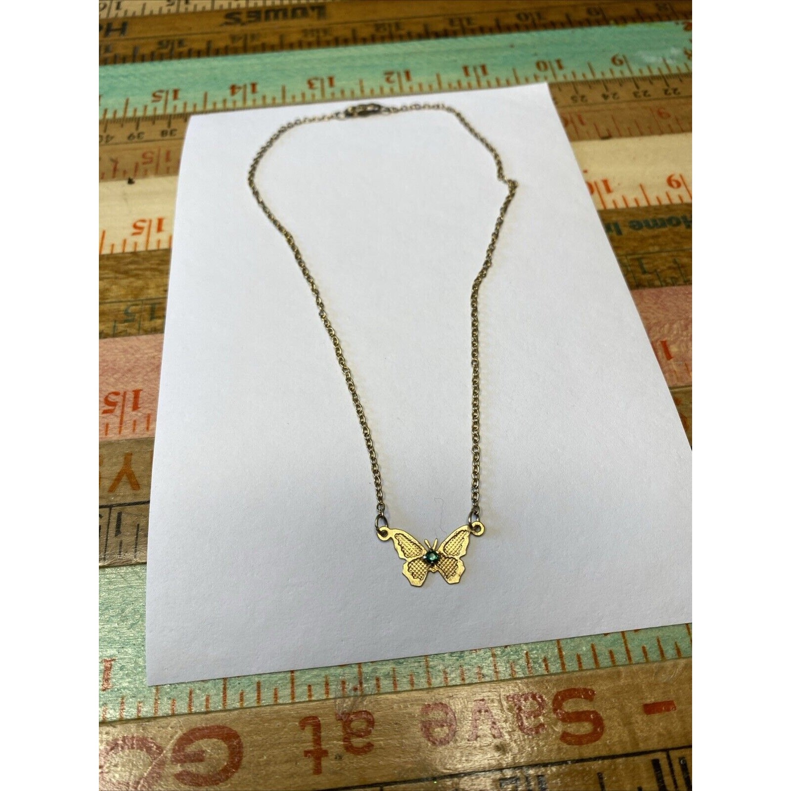 Vintage 70s S Girls Goldtone Butterfly Green Rhinestone May Birth Necklaces 2