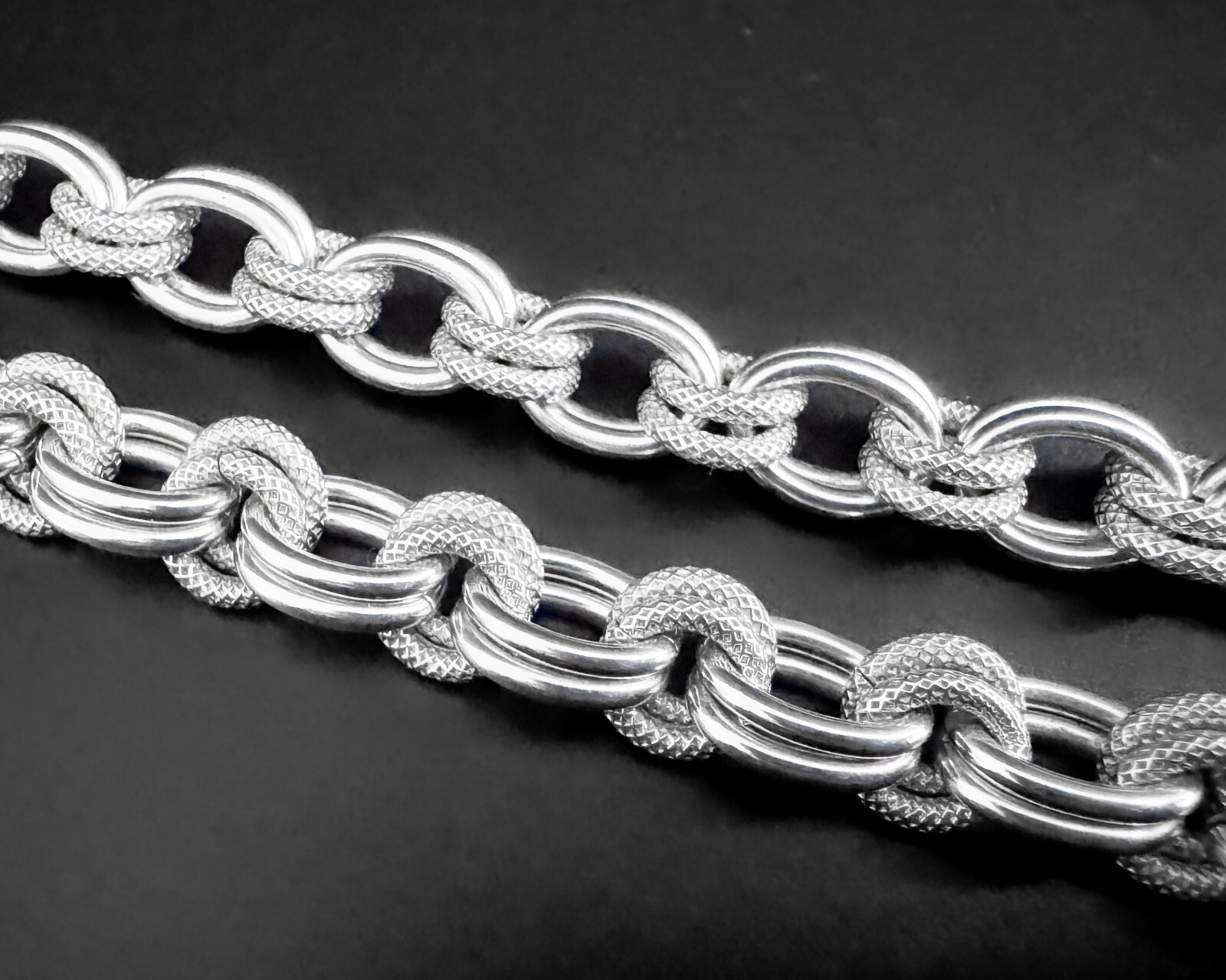 8mm 57g Heavy Double Fancy Textured Oval Rolo Link Vtg Sterling Silver Necklace