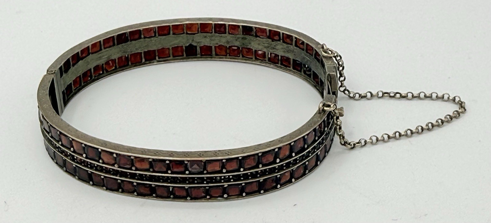Antique Victorian Bohemian 3 Row Garnet Bangle Bracelet Silvertone