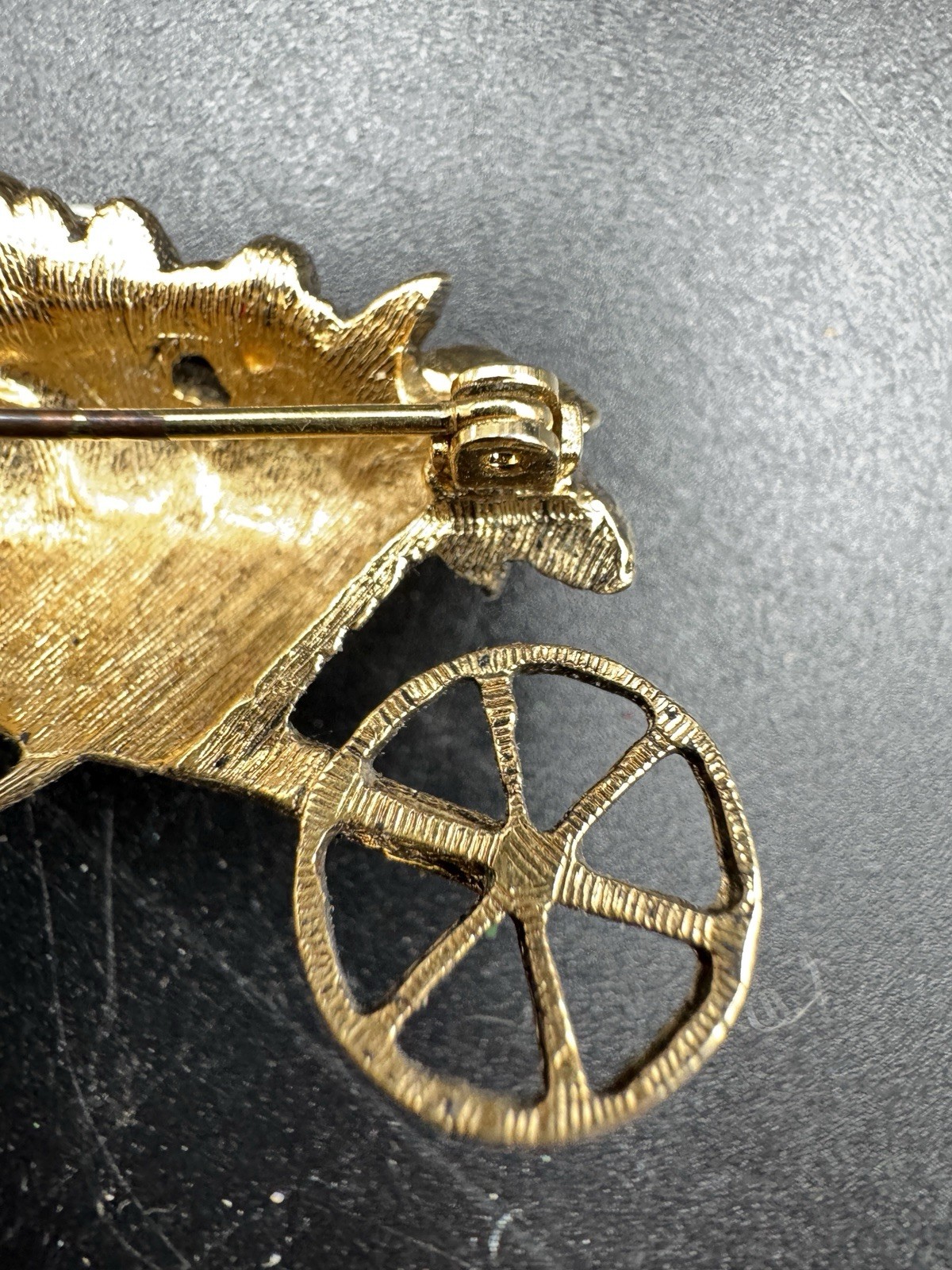 Vintage Flower Cart Brooch Gold Tone Faux Pearl Wheelbarrow Pin Floral