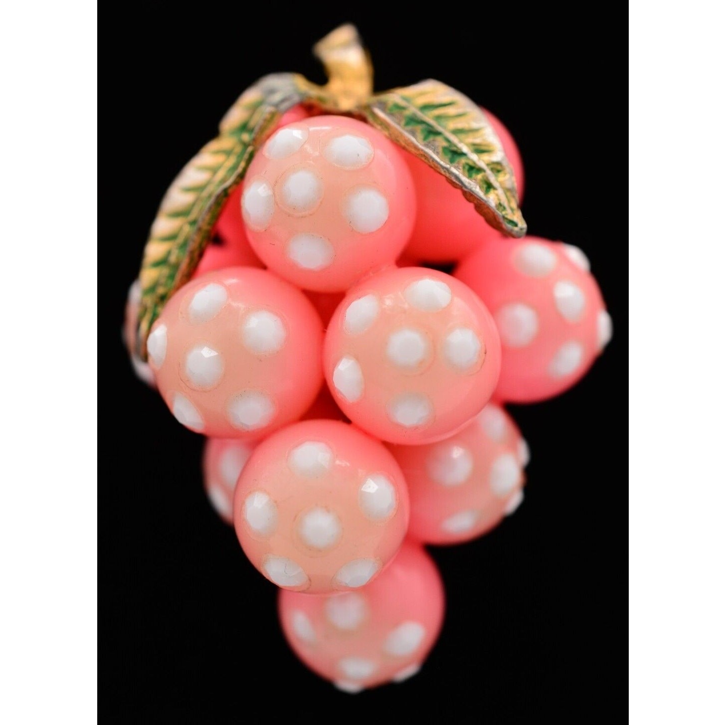 Vintage Glass Grapes Pin Brooch Pink White Polka Dot Crystal Antique 1960s BinAJ