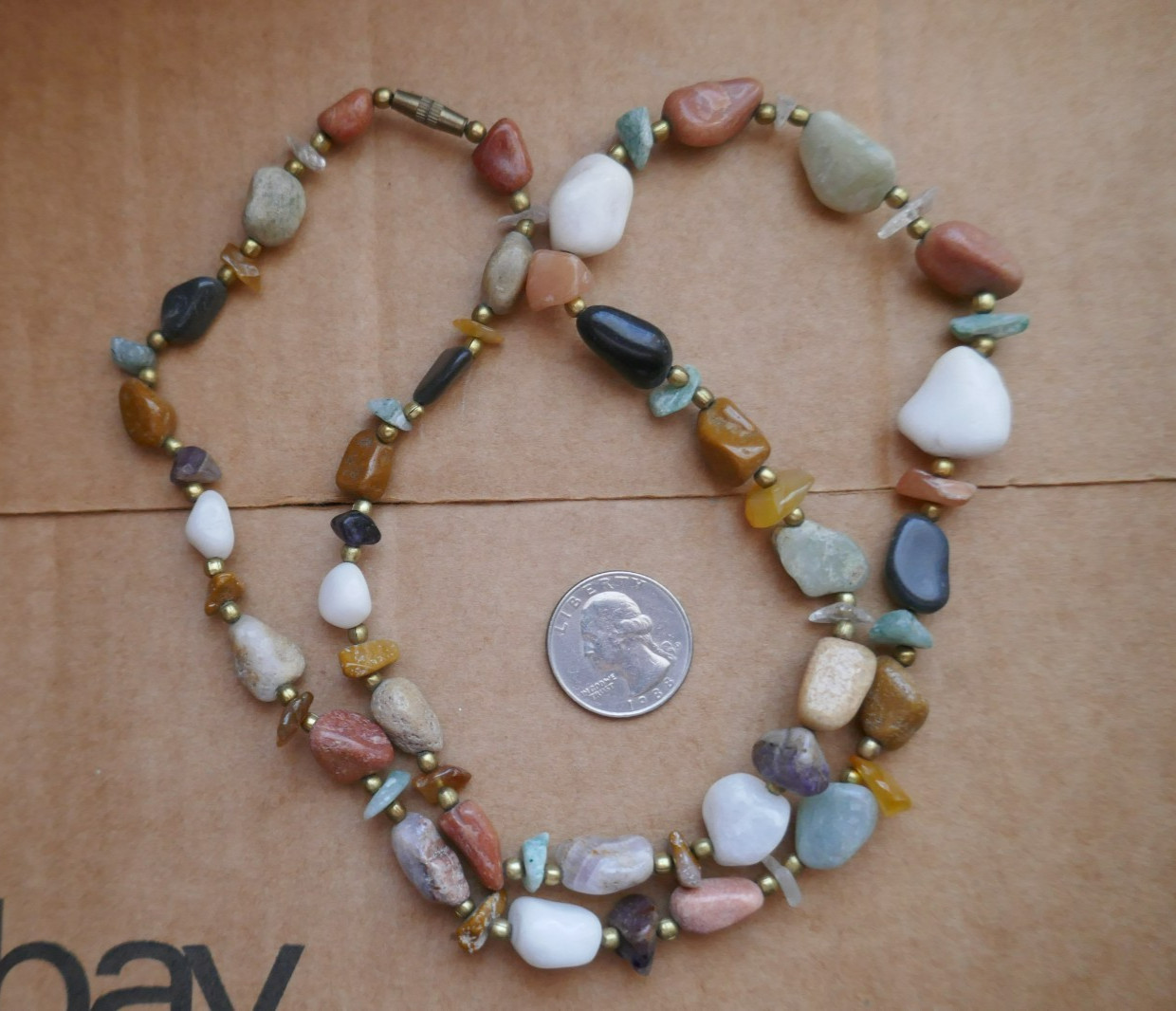 VTG 28″ Earth Tone Beggar Beads Semi Precious Gemstone Necklace w Brass Clasp