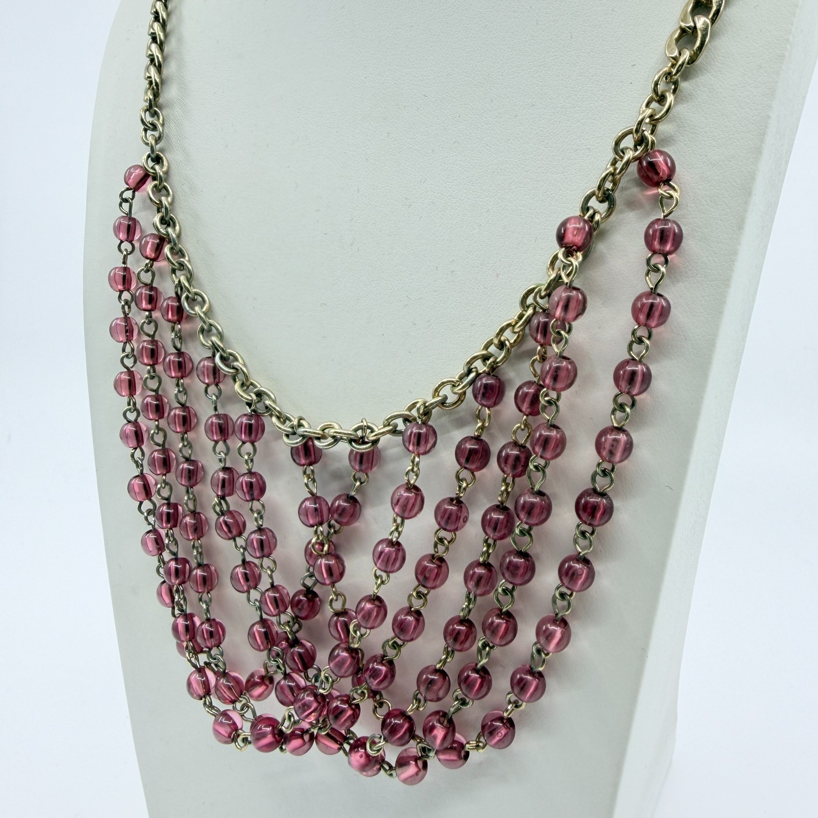 Necklace Vintage Gold Tone Pink Purple Bead Multi Strand Draped Statement Boho