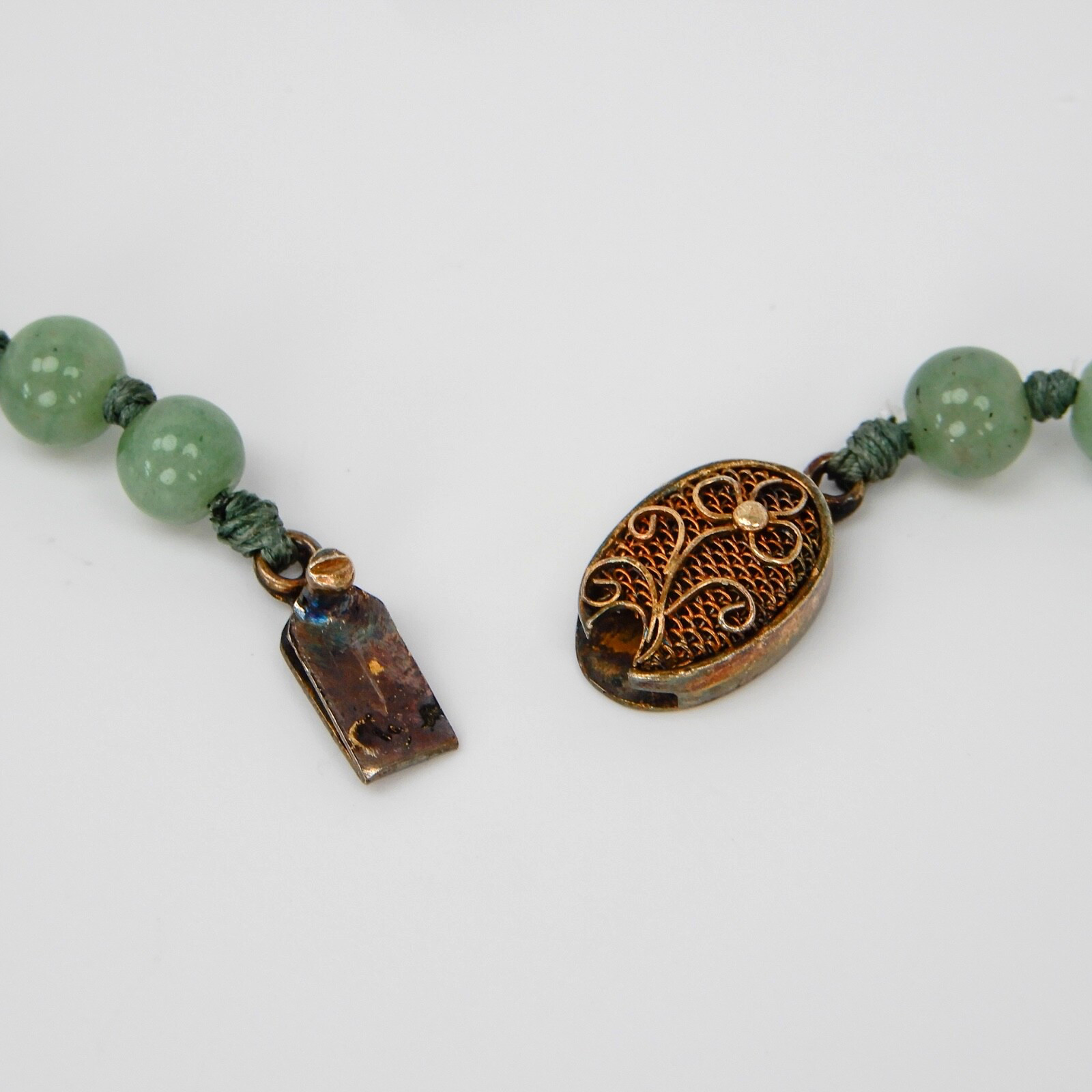 Vintage Green Jade Knotted Graduated Bead Necklace 23” 925 Silver Filigree Clasp