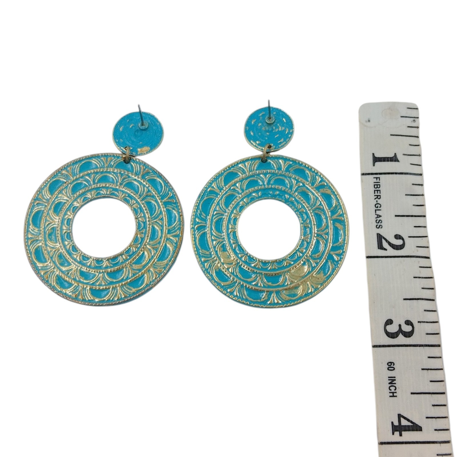 Blue Enameled Metal Dangle Drop Hoop Pierced Earrings Southwestern Boho