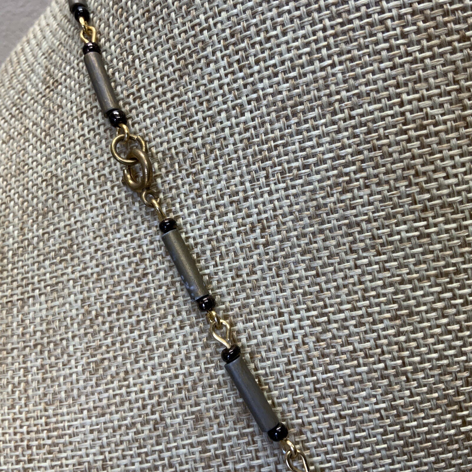 Vintage blue and gray acrylic bead necklace with spring ring clasp