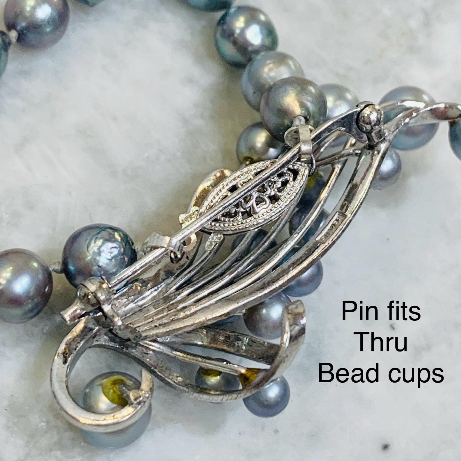 VTG BLUE AKOYA PEARL Necklace SET 10k WG 7mm Baroque Saltwater Pin 3″ SILVER 19″