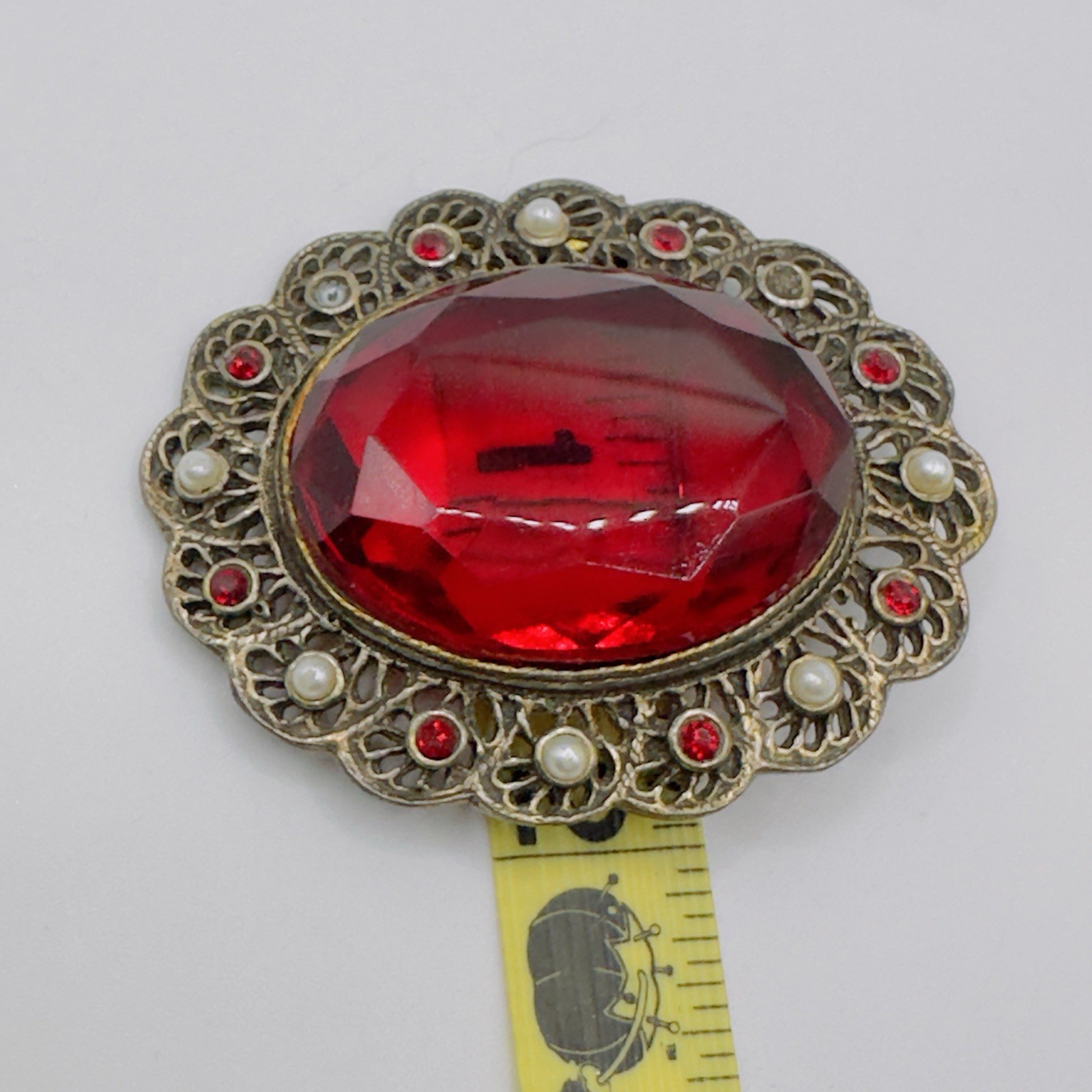 Vintage Red Glass Brooch Pendant Victorian Revival Antiqued Gold 2.75″ *READ*