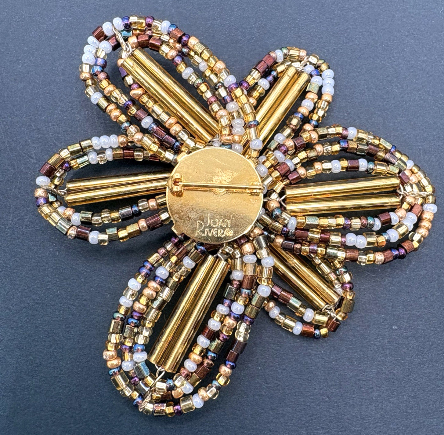 Vintage Joan Rivers Flower Floral Gold Brown White Glass Beaded Brooch Pin 2.5″