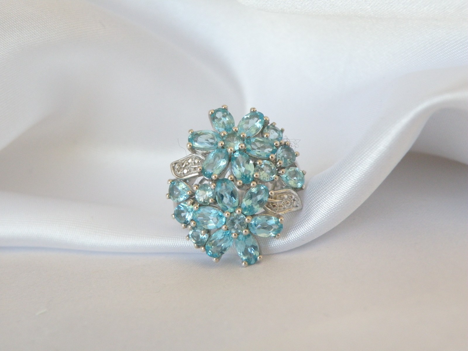 Vintage Sterling Silver 925 Cluster Natural Aqua Blue Apatite Large Ring Size 6