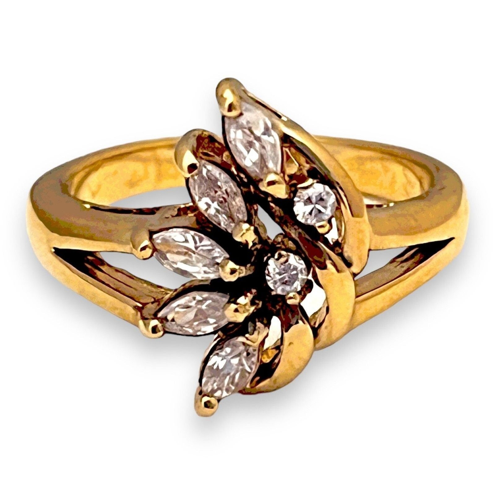 Vintage 1970s Ring Size 7 CZ Cluster Marquise Prong Set Gold Plated – 14I