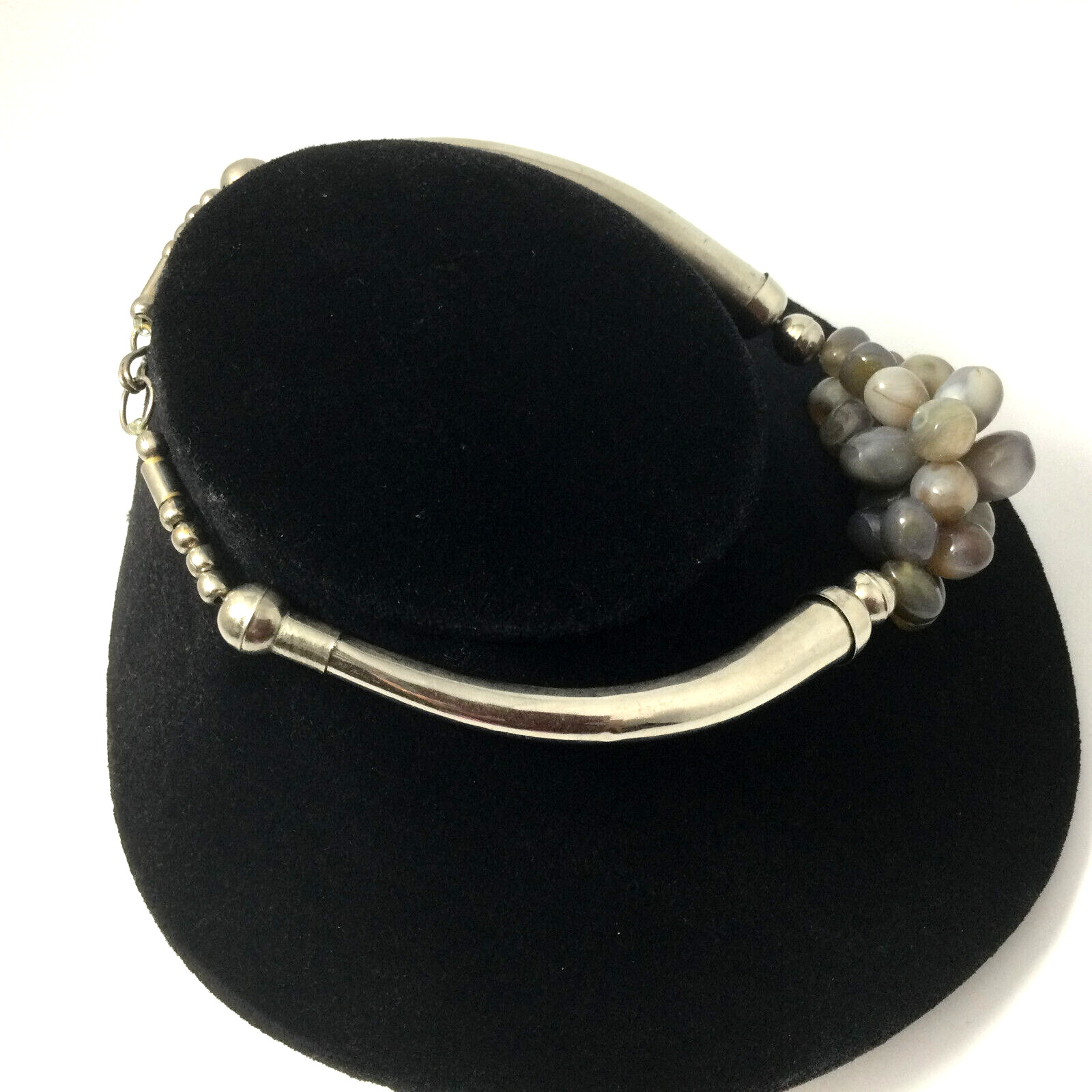Vintage Necklace Choker Silver Metal Agate Grapes Pendant Gray Stone 15″